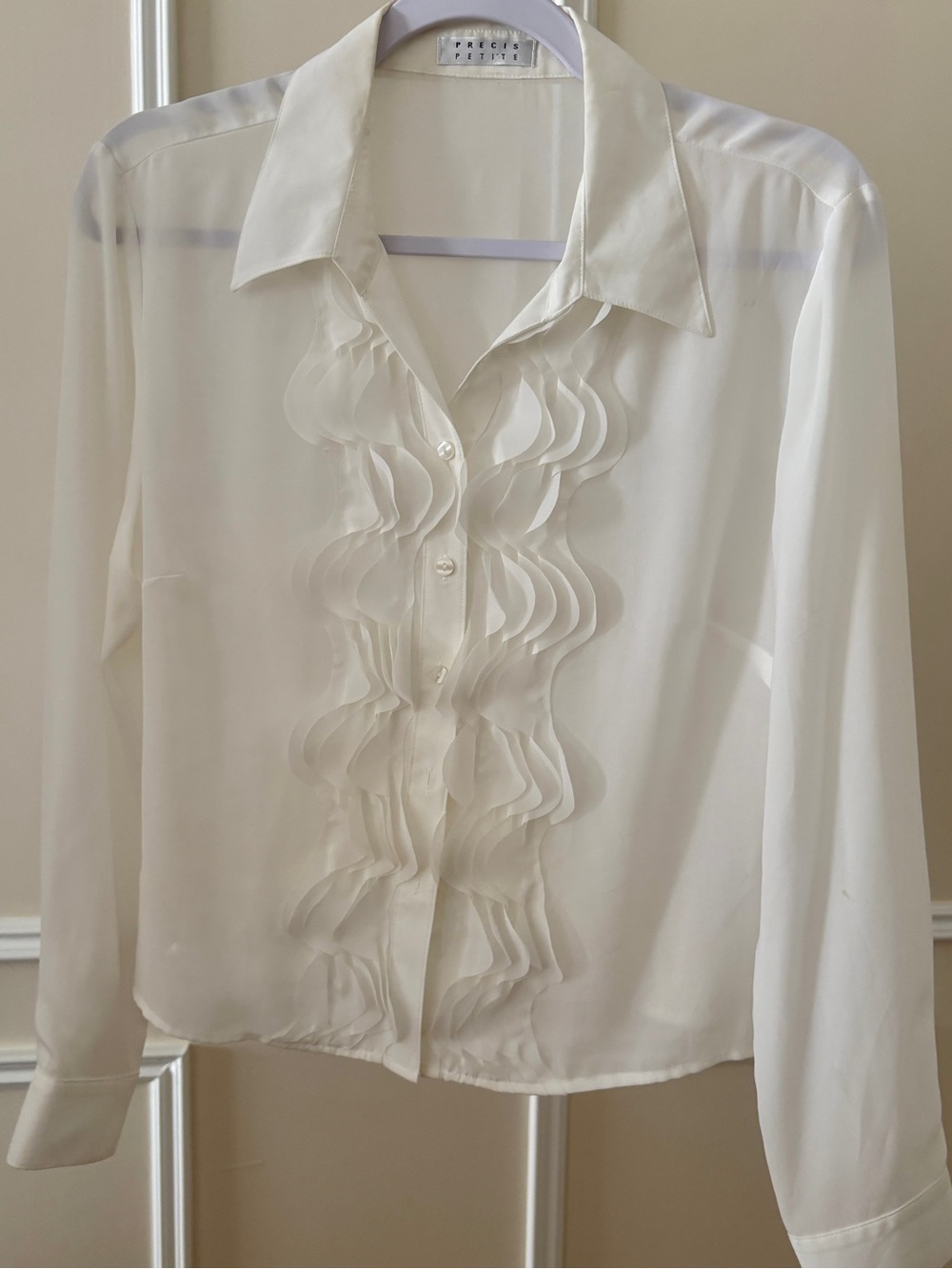 Sheer Ivory Cascading Ruffled Front Button-Down blouse